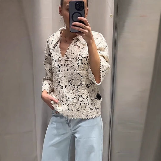 Damen Gehäkelte Bluse mit floralem Ajourmuster und dreiviertel Ärmeln Nord Taschen
