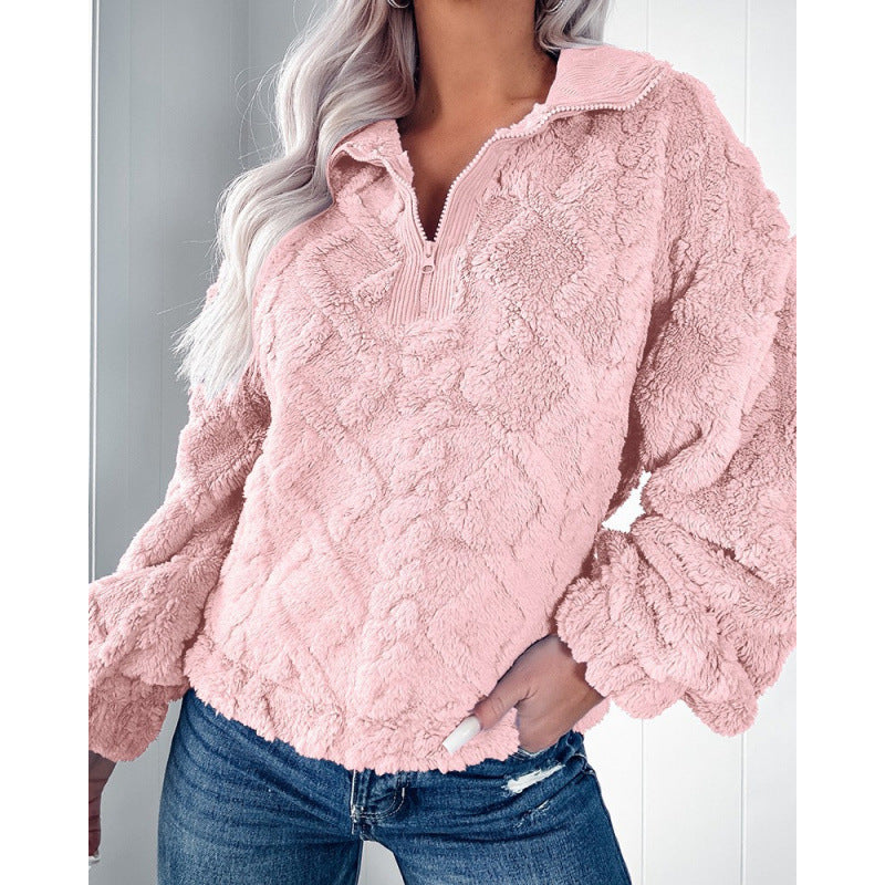 Damen Plüschpullover im Teddy-Look mit halbem Reißverschluss und strukturierter Rautenoptik Nord Taschen