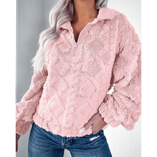 Damen Plüschpullover im Teddy-Look mit halbem Reißverschluss und strukturierter Rautenoptik Nord Taschen