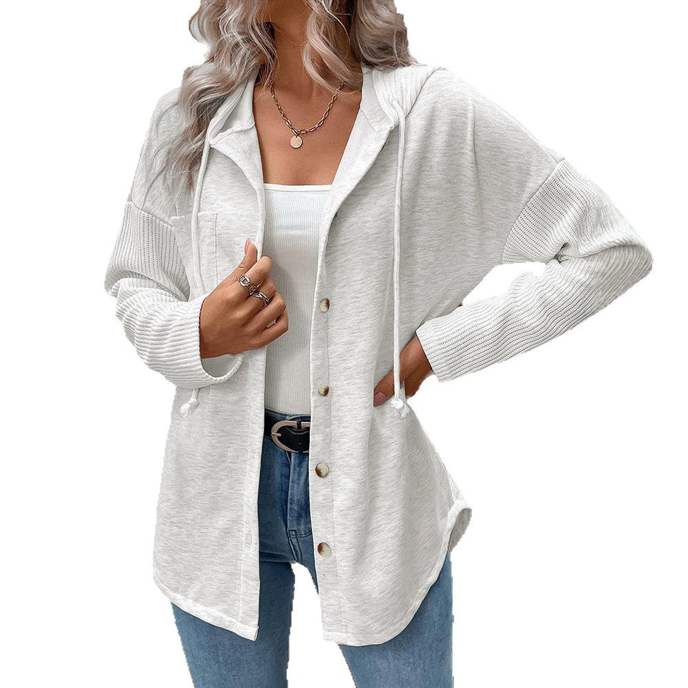Damen Modische Strickjacke mit Kapuze und Knopfleiste Nord Taschen