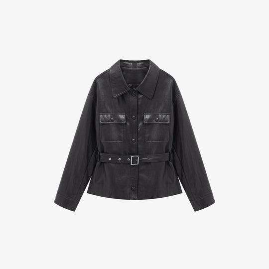 Damen Lederjacke im Oversize-Utility-Stil mit Taillengürtel Nord Taschen