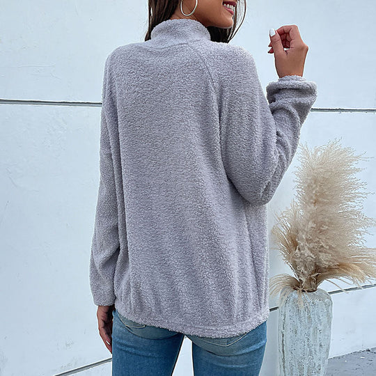 Damen Kuscheliger Teddy‑Fleece‑Pullover mit gesteppter Brustpatte, Stehkragen und Druckknopfleiste Nord Taschen