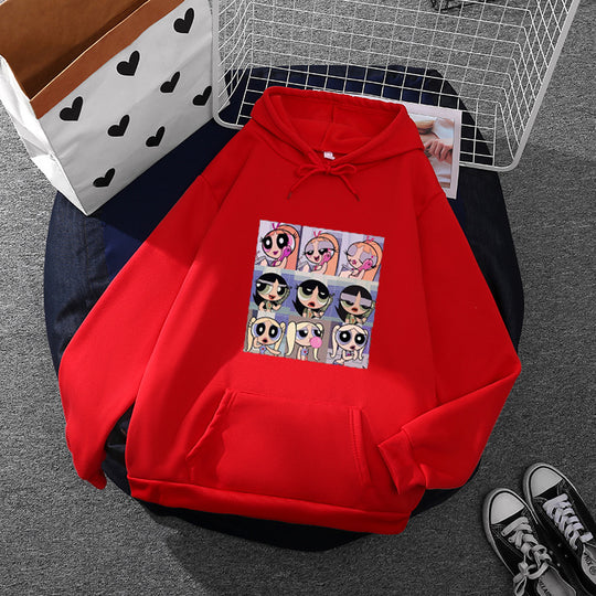 Damen nan lässiger Kapuzenpullover mit quadratischem Cartoon-Collageprint weiches Fleece Innenfutter und aufgesetzter Kängurutasche Nord Taschen