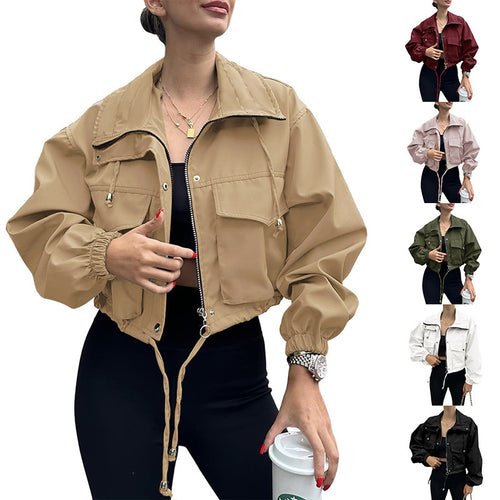 Damen Kurze Utility-Bomberjacke mit Kordelzug und Oversized-Ärmeln Nord Taschen