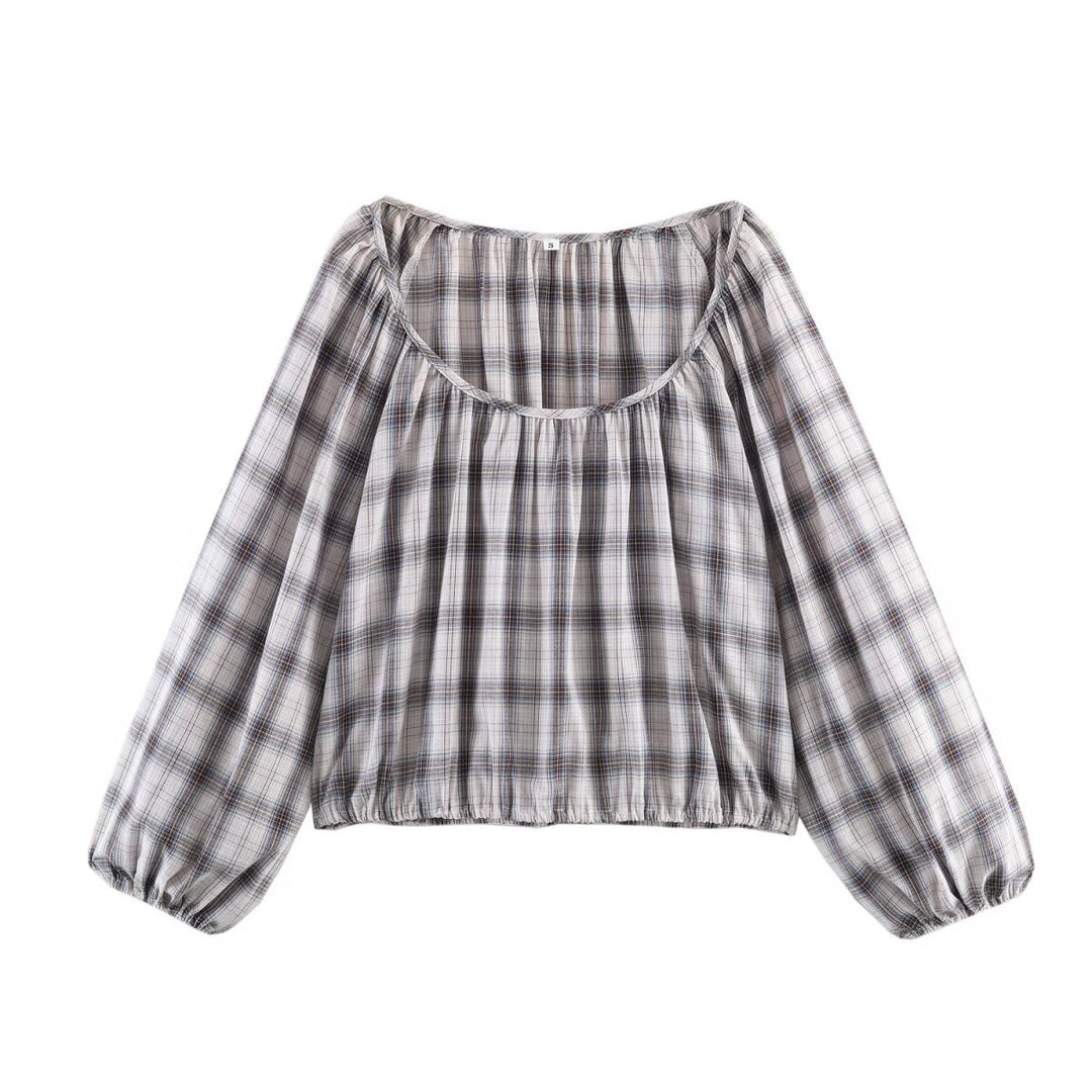Damen Karierte Carmen‑Bluse mit weitem Ausschnitt, Ballonärmeln und elastischem Saum Nord Taschen