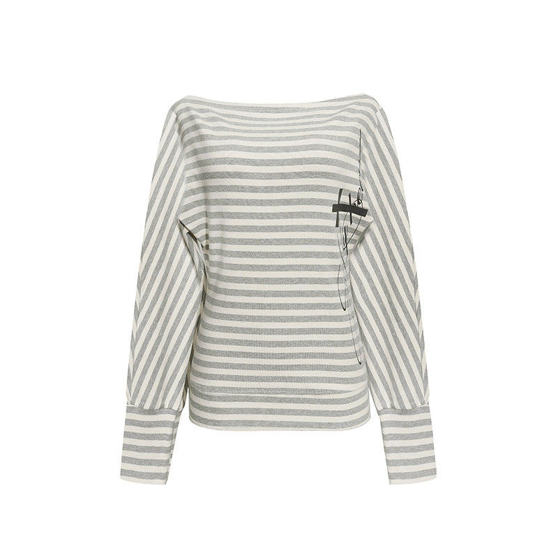 Damen Figurbetontes Streifen-Langarmshirt mit weitem Boot-Ausschnitt und verkürzten Fledermausärmeln Nord Taschen