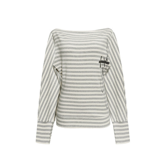 Damen Figurbetontes Streifen-Langarmshirt mit weitem Boot-Ausschnitt und verkürzten Fledermausärmeln Nord Taschen