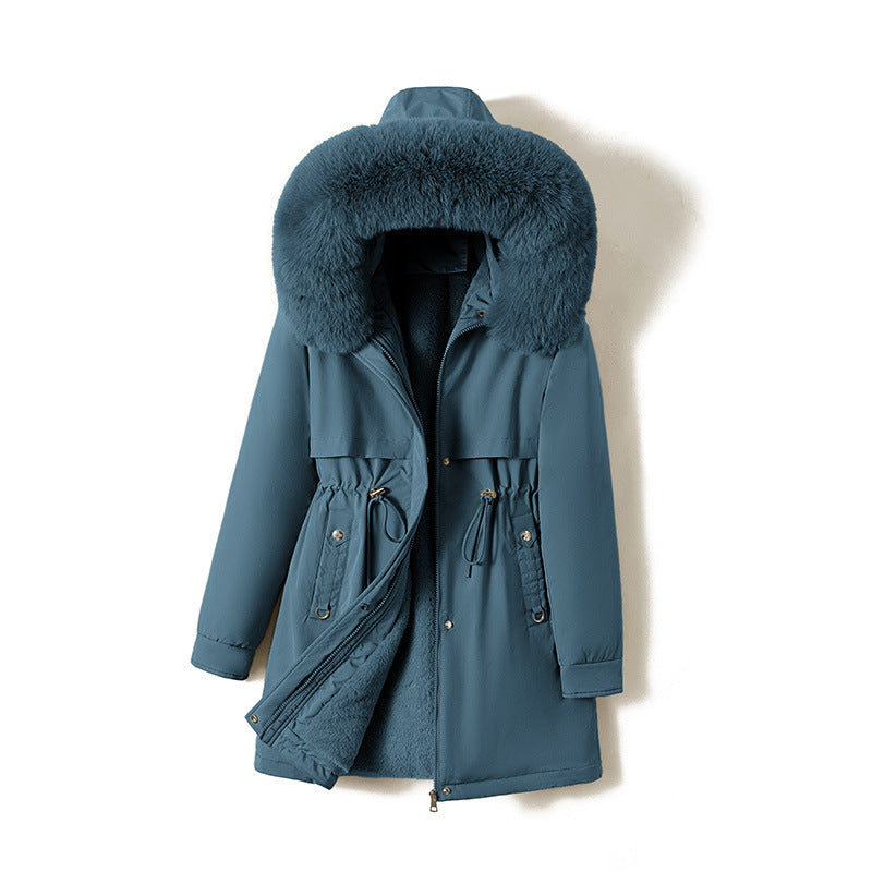 Damen nan moderner Thermoparka im Clean‑Look mit Oversize‑Fellkapuze, innenweichem Teddyfutter und verstellbarer Taille Nord Taschen