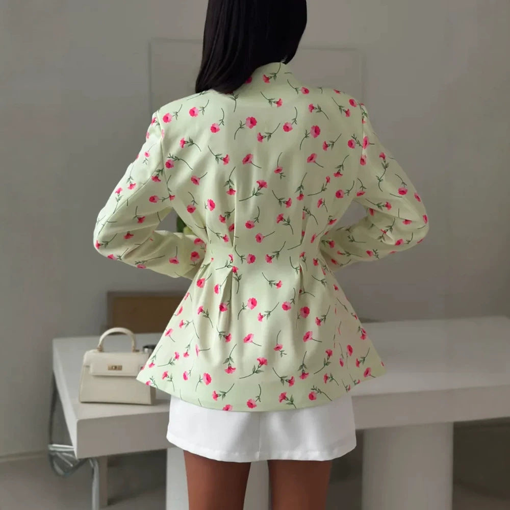 Damen Taillierter Blazer mit Schößchen, dekorativen Knöpfen und floralem Muster Nord Taschen