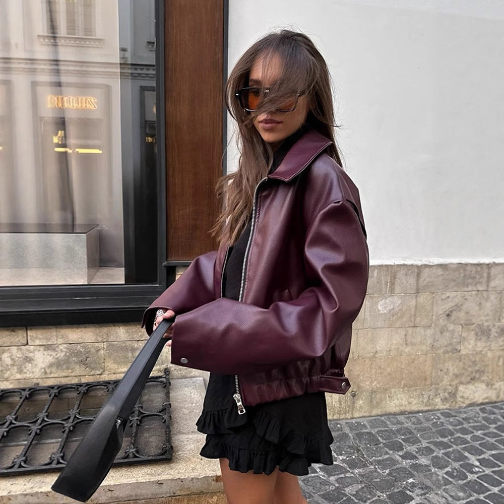 Damen Kurze Oversized Lederimitat-Flightjacke mit markantem Revers und Druckknopf-Manschetten Nord Taschen