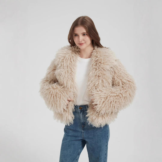 Damen Kurzboxiger Kunstpelz‑Bolero mit langflorigem Hochflor und voluminösem Schalkragen Nord Taschen