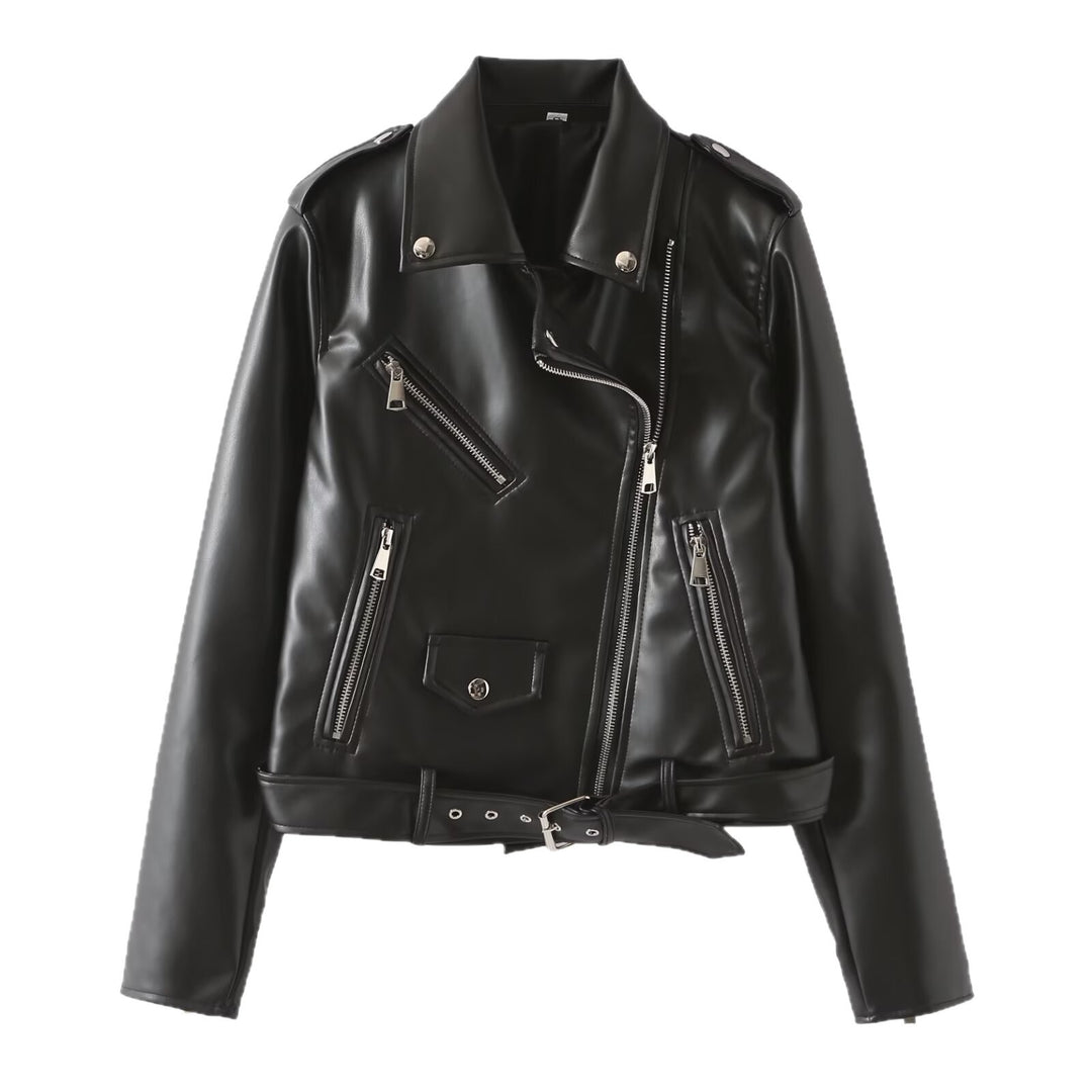 Damen Bikerjacke aus veganer Lederoptik mit Taillengürtel und asymmetrischem Reißverschluss Nord Taschen