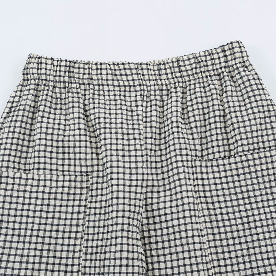 Damen Leichte karierte Seersucker-Hose mit Gummibund, aufgesetzten Taschen und schmal zulaufendem Bein Nord Taschen