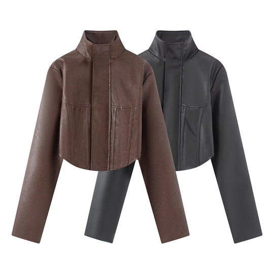 Damen Gekürzte Kunstleder-Jacke mit Stehkragen und taillierten Teilungsnähten Nord Taschen