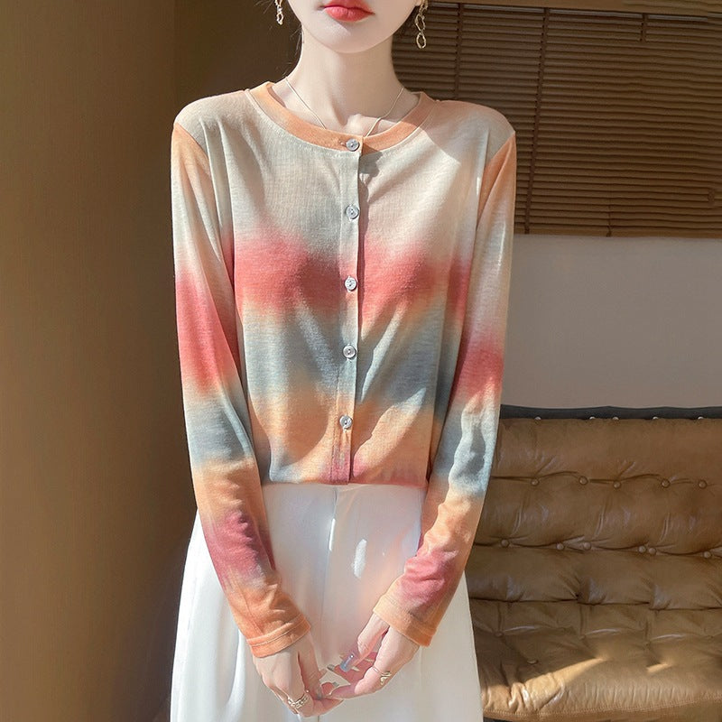 Damen Leichter Aquarell‑Print Feinstrick‑Cardigan mit Rundhalsausschnitt und Knopfleiste Nord Taschen