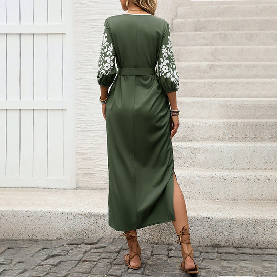 Damen Maxikleid mit Ethno‑Print, V‑Ausschnitt, knöchellanger Schnitt und Bindegürtel Nord Taschen