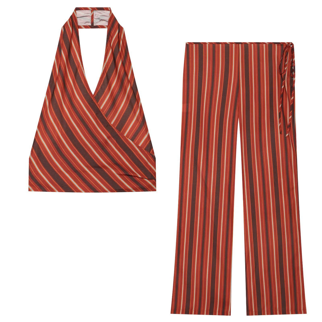Damen Weite Highwaist-Hose mit vertikalen Streifen und seitlicher Bindeschlaufe Nord Taschen
