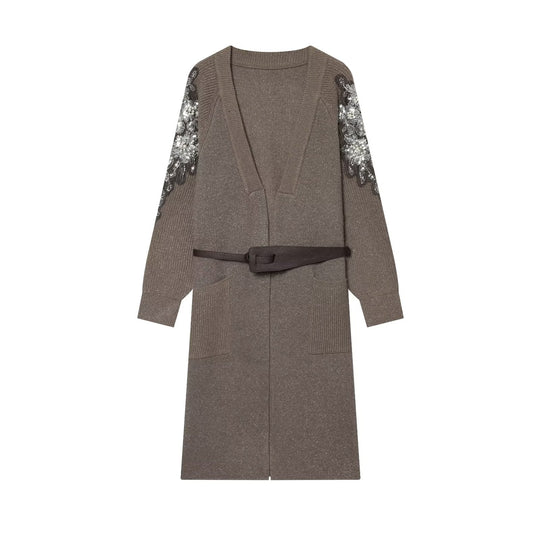 Damen Lange Strickmantel-Cardigan mit Taillengürtel und Paillettenbesatz Nord Taschen