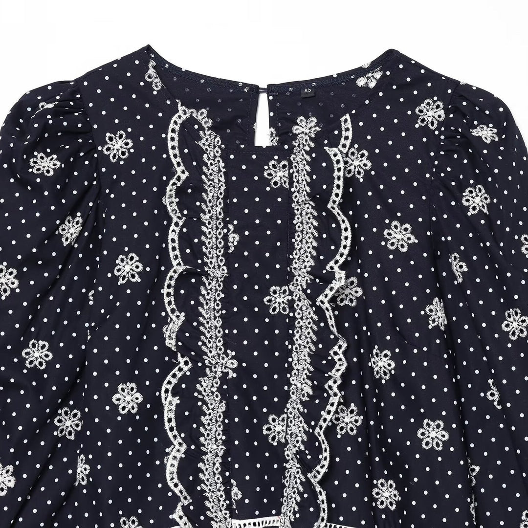 Damen Bestickte Polka-Dot Bluse mit Rüschen und Ballonärmeln Nord Taschen