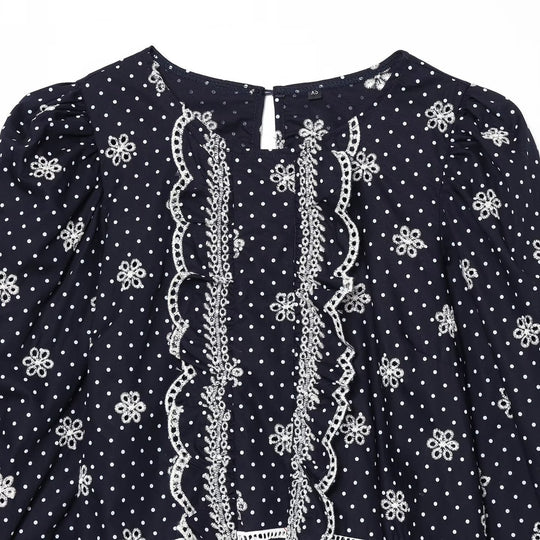 Damen Bestickte Polka-Dot Bluse mit Rüschen und Ballonärmeln Nord Taschen