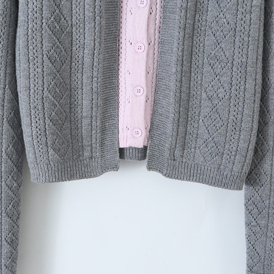 Damen Feinstrick-Zweiteiler Cardigan mit Schleifenkragen und Zierweste Nord Taschen