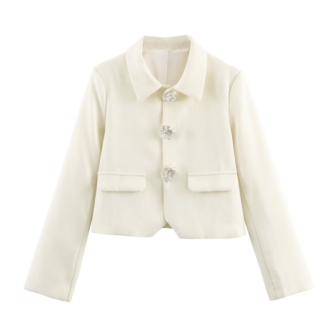 Damen Cropped-Blazer mit floralen Zierknöpfen und Pattentaschen Nord Taschen