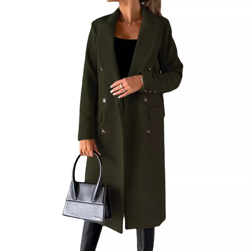 Damen Doppelreihiger Wollmantel im Longline‑Schnitt mit Reverskragen und Pattentaschen Nord Taschen