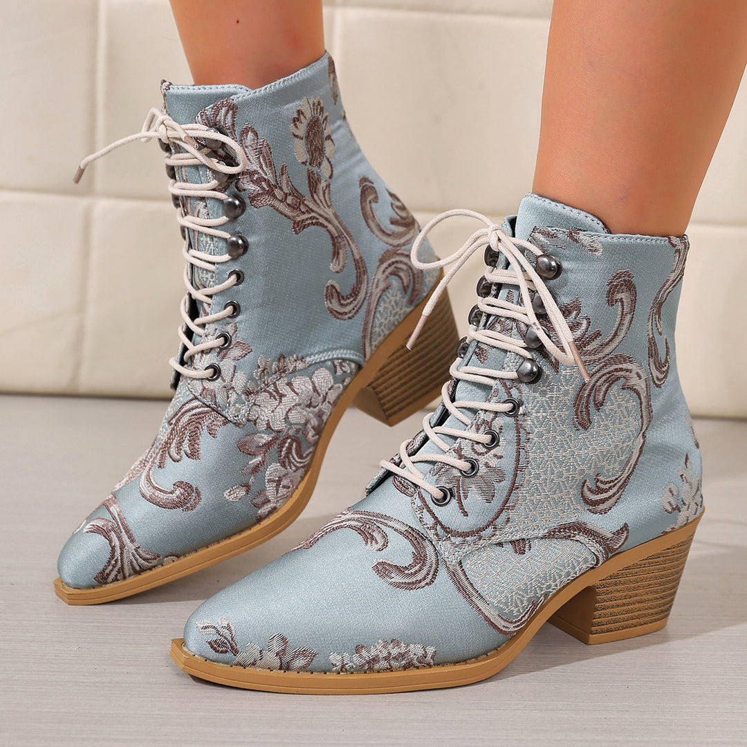 Damen nan bestickte Schnür-Stiefelette mit Jacquard-Brokatmuster und niedrigem Blockabsatz Nord Taschen