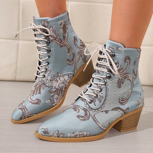 Damen nan bestickte Schnür-Stiefelette mit Jacquard-Brokatmuster und niedrigem Blockabsatz Nord Taschen