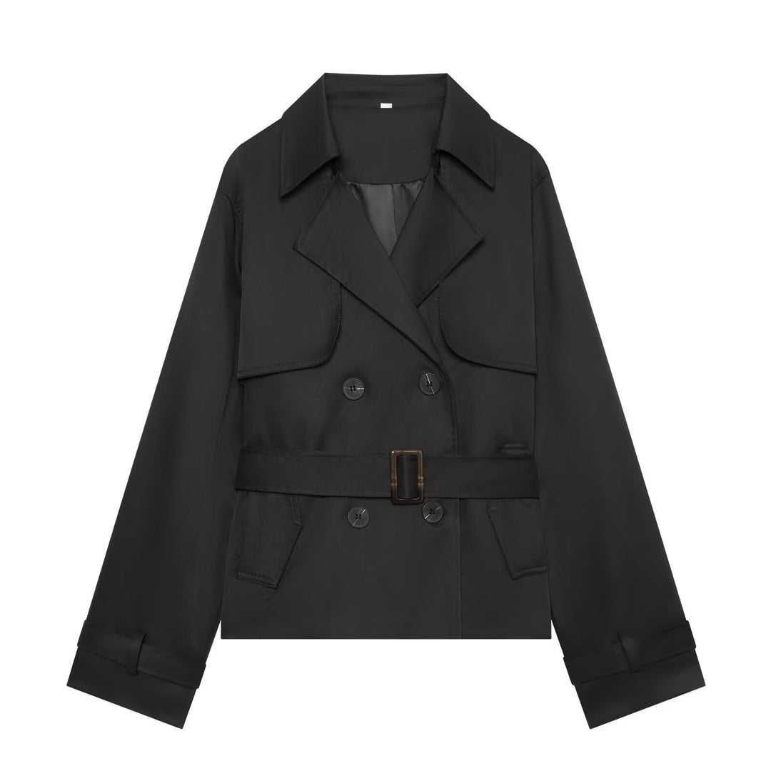 Damen Kurzer Cropped-Trenchcoat mit doppelreihiger Knopfleiste, Taillengürtel und Schulterpatten Nord Taschen