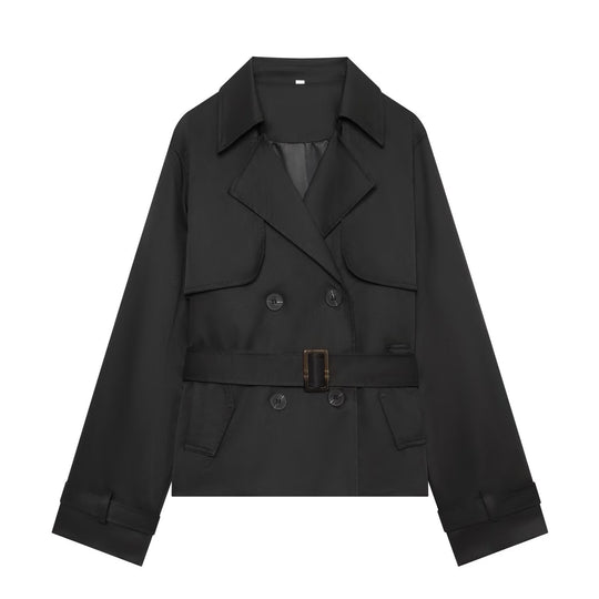 Damen Kurzer Cropped-Trenchcoat mit doppelreihiger Knopfleiste, Taillengürtel und Schulterpatten Nord Taschen