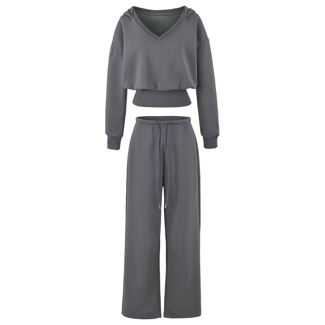 Damen Komfort-Lounge-Set mit kurzem V-Kapuzenpullover und hochgeschnittenen Weitbein-Joggern Nord Taschen