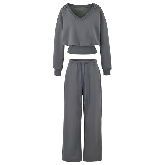 Damen Komfort-Lounge-Set mit kurzem V-Kapuzenpullover und hochgeschnittenen Weitbein-Joggern Nord Taschen