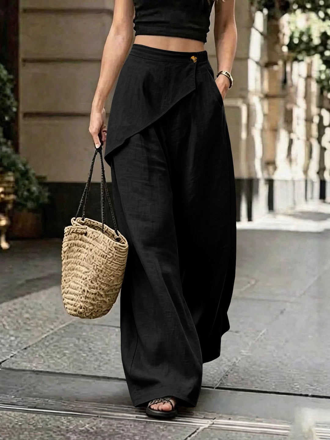 Damen Leichte Leinenhose mit Wickel-Front und weitem Bein Nord Taschen