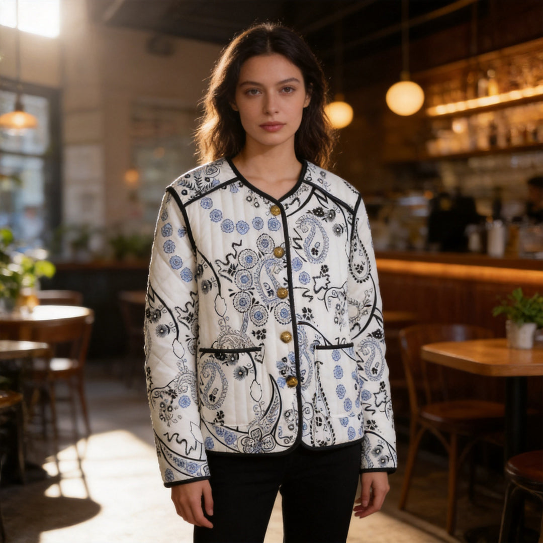 Damen Gesteppte Kurzjacke mit Paisley‑Blumenprint, Rundhalsausschnitt und Kontrastpaspel Nord Taschen