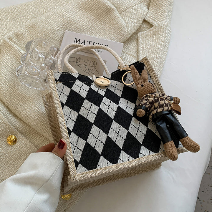 Damen Jute-Umhängetasche mit stilvollem Rautenmuster Nord Taschen