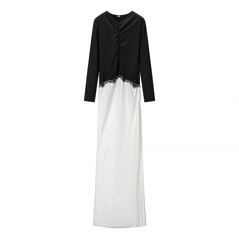 Damen Zweiton-Maxikleid mit geraffter V‑Passe, Spitzenbesatz und langen Ärmeln Nord Taschen