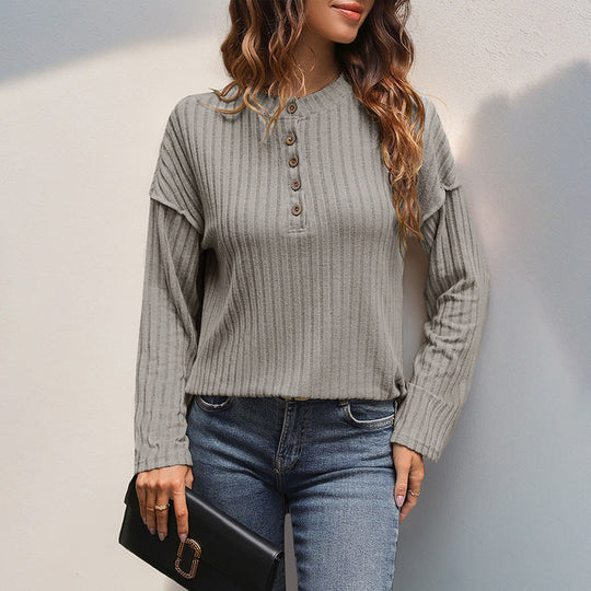 Damen Gerippter Henley-Pullover mit Knopfleiste und überschnittener Schulter Nord Taschen