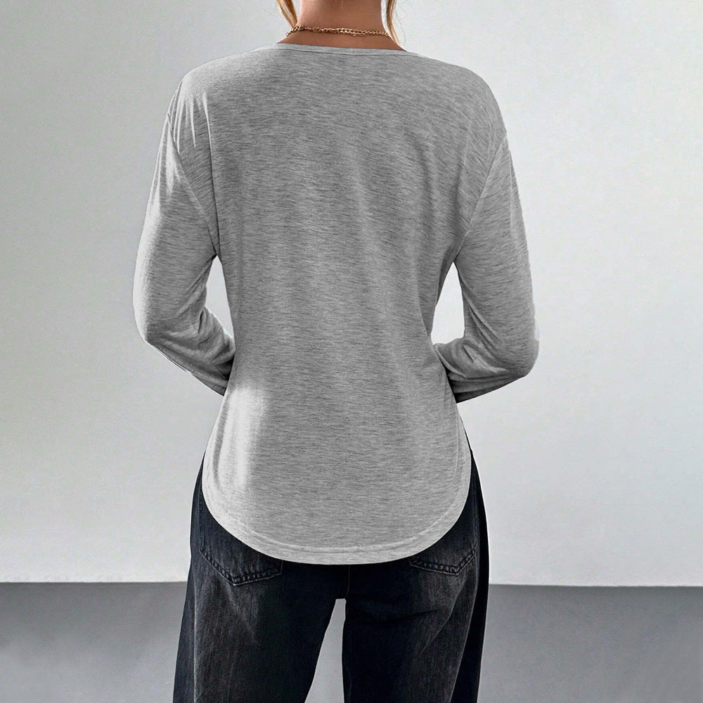 Damen legeres V-Ausschnitt Langarmshirt mit offenem Kragen, weichem Jersey und abgerundetem Saum Nord Taschen