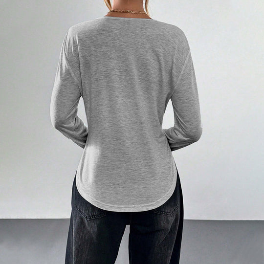 Damen legeres V-Ausschnitt Langarmshirt mit offenem Kragen, weichem Jersey und abgerundetem Saum Nord Taschen