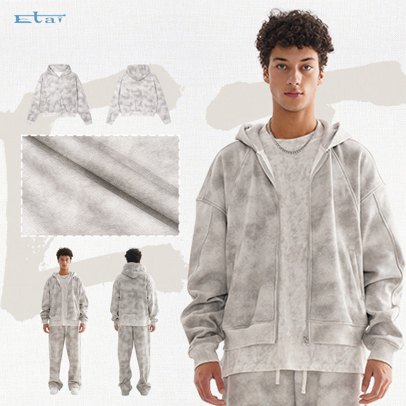 Unisex Kurz geschnittene Reißverschluss-Kapuzenjacke aus French-Terry mit Cloud-Dye-Effekt und Raglannähten Nord Taschen