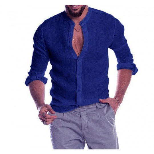 Herren Leichtes Leinenhemd mit Stehkragen, Slim-Fit und durchgehender Knopfleiste Nord Taschen