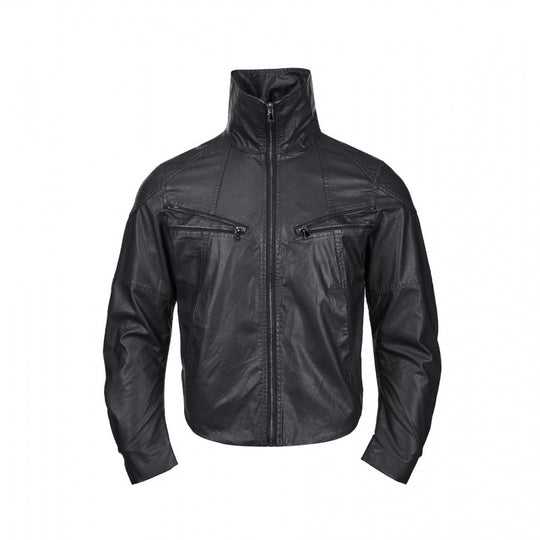 Herren Kurzjacke im Lederlook mit hohem Stehkragen, zwei schrägen Brustreißverschlüssen und Vintage‑Metalldetails Nord Taschen