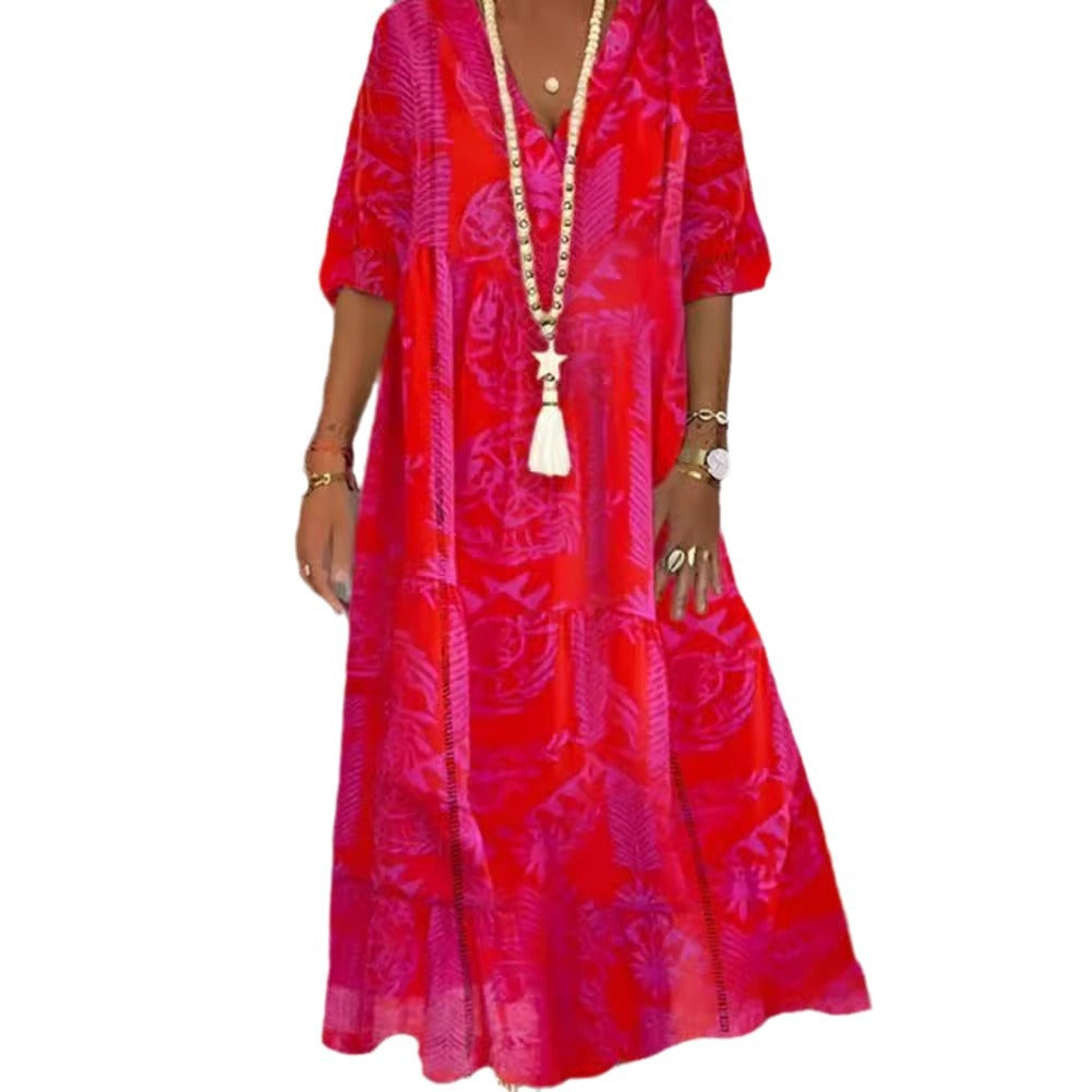 Damen nan Boho-Langkleid mit tiefem V-Ausschnitt, Stufenschnitt und legerer Oversize-Passform