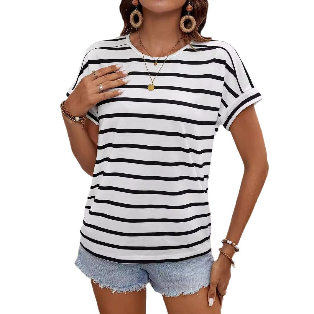 Damen gestreiftes Kurzarm-Shirt Nord Taschen