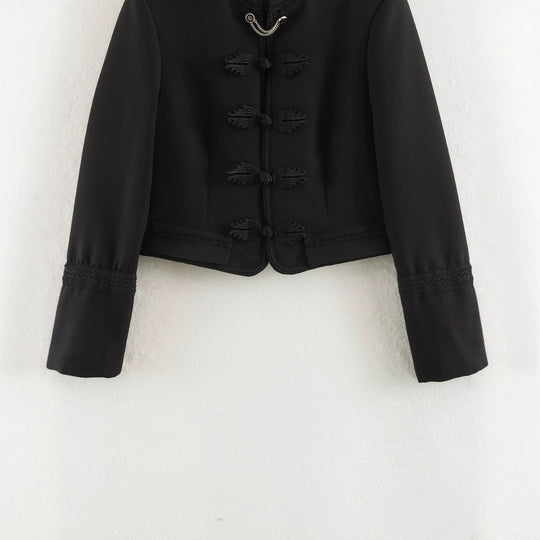 Damen Kurzblouson im Militärstil mit Mandarinkragen, Zierknoten und Epauletten Nord Taschen