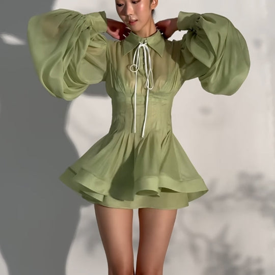 Damen Transparentes Chiffon-Minikleid mit Korsagenoptik, Puffärmeln und ausgestelltem Rock Nord Taschen