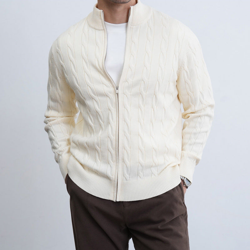 Herren Feiner Zopfmuster-Halbzip-Cardigan mit Rippkragen und silbernem Reißverschluss Nord Taschen