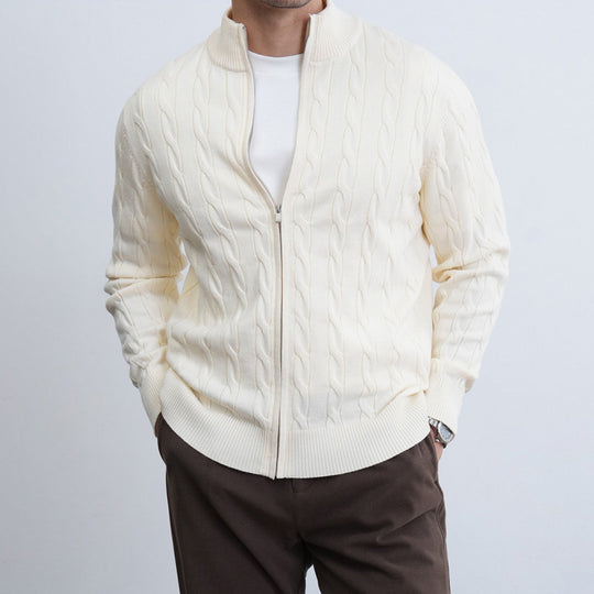Herren Feiner Zopfmuster-Halbzip-Cardigan mit Rippkragen und silbernem Reißverschluss Nord Taschen