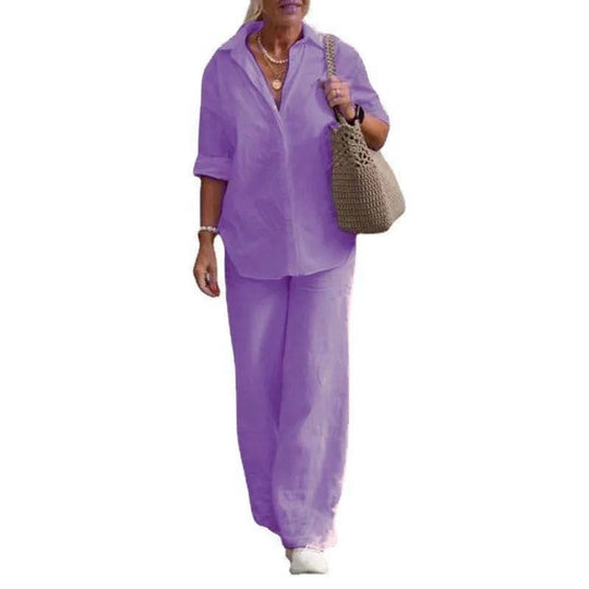 Damen Leichtes Leinen-Loungewear-Set mit offenem Hemdkragen und weiter Palazzohose Nord Taschen